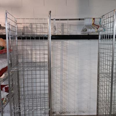 LOT 195: Metal Grid Rack Rolling Shelves with Clothes Bar
