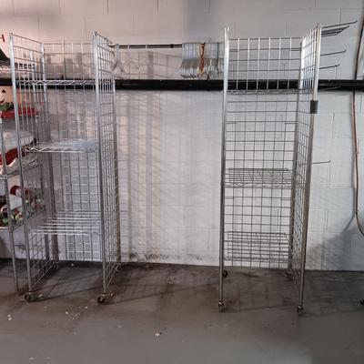 LOT 195: Metal Grid Rack Rolling Shelves with Clothes Bar