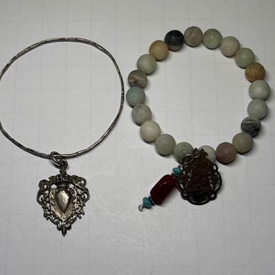 Matte Amazonite beaded stretch bracelet & silver bracelet