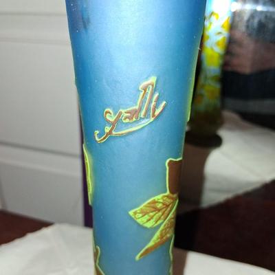 Sale Photo Thumbnail #10: Green Blue Emille Galle Romanion 1950s MCM  Reproduction Vase. Excellent Condition. An Original Galle is priced in the thousands, these high quality Reproductions gave you near Galle Quality for hundreds. Hard to find beautiful floral Art Nouveau style wi