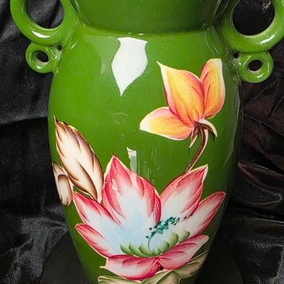 Vintage Japanese Hand-Painted Green Ceramic Vase – Twin Loop Handles, Lotus Floral Design