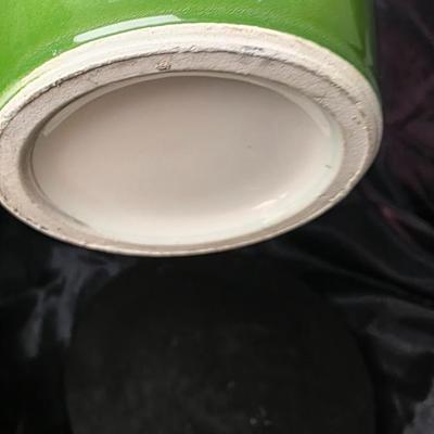 Vintage Japanese Hand-Painted Green Ceramic Vase – Twin Loop Handles, Lotus Floral Design