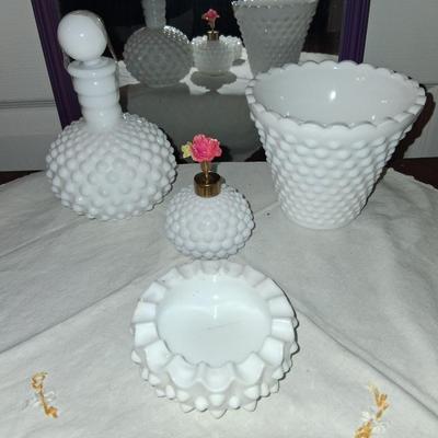 Sale Photo Thumbnail #30: The small vase & ashtray are unmarked Fenton, the parfume bottle with the rose is the Rice company & the Larger bottle with the ball top only contains a number on bottom. Could also be Fenton.