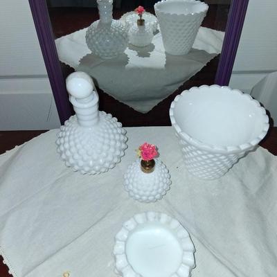 Sale Photo Thumbnail #32: The small vase & ashtray are unmarked Fenton, the parfume bottle with the rose is the Rice company & the Larger bottle with the ball top only contains a number on bottom. Could also be Fenton.