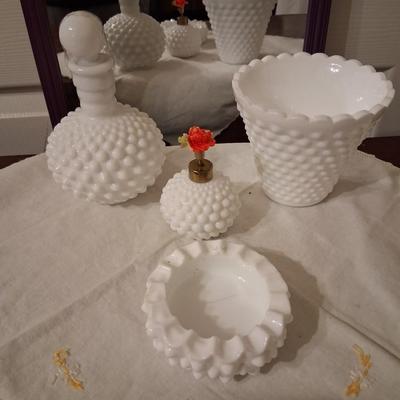 Sale Photo Thumbnail #31: The small vase & ashtray are unmarked Fenton, the parfume bottle with the rose is the Rice company & the Larger bottle with the ball top only contains a number on bottom. Could also be Fenton.