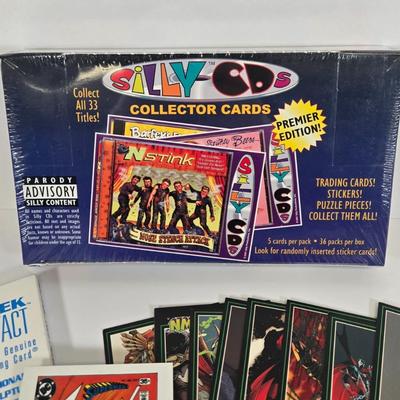 LOT 122: Silly CDs Vintage Full Trading Cards Box, Star Trek and Super Hero Cards, and More