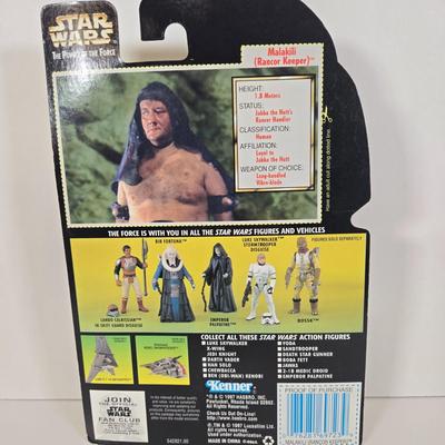 LOT 137: Power of the Force Oola and Salacious Crumb, Gamorrean Guard, Admiral Ackbar,Malakili (Rancor Keeper), and R2-D2 Action Figures