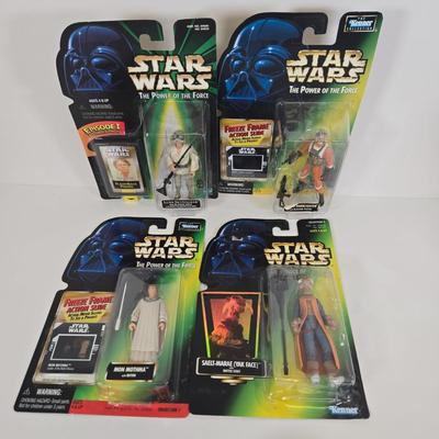 LOT 140: Hasbro Star Wars: The Power of the Force Luke Skywalker, Saelt-Marae (Yak Face), Mon Mothma, and Biggs Darklighter Action Figures