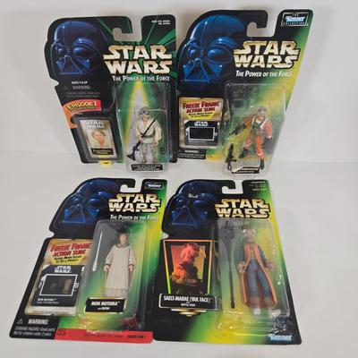 LOT 140: Hasbro Star Wars: The Power of the Force Luke Skywalker, Saelt-Marae (Yak Face), Mon Mothma, and Biggs Darklighter Action Figures