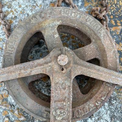 Antique Cast Iron Barn / Hay Pulley with Chain & Hook – “2 TON” Marked