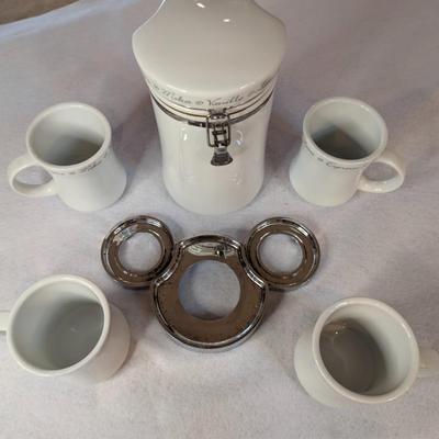 Sale Photo Thumbnail #79: Set of 4 Coffee cups w/ matching canister and holder. Dishwasher safe 
canister 10" tall x 5" wide