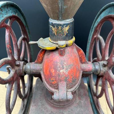 Antique Cast Iron Coffee Grinder – Large Double Wheel – Wooden Drawer