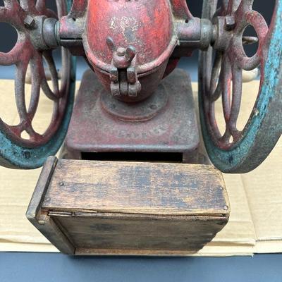 Antique Cast Iron Coffee Grinder – Large Double Wheel – Wooden Drawer