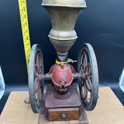 Antique Cast Iron Coffee Grinder – Large Double Wheel – Wooden Drawer