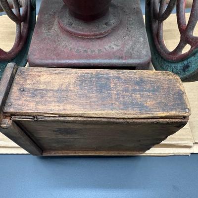 Antique Cast Iron Coffee Grinder – Large Double Wheel – Wooden Drawer