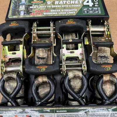 NEW Mossy Oak 9’ Heavy-Duty Ratchet Tie Downs – 4 Pack – 2,500 lb