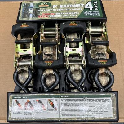 NEW Mossy Oak 9’ Heavy-Duty Ratchet Tie Downs – 4 Pack – 2,500 lb