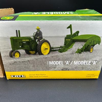 Vintage Ertl John Deere Die-Cast Models (2) – 1/16 Scale Crawler & 1939 Model A Tractor w/ Boxes