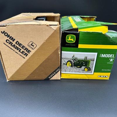 Vintage Ertl John Deere Die-Cast Models (2) – 1/16 Scale Crawler & 1939 Model A Tractor w/ Boxes