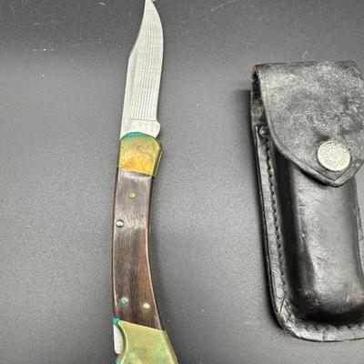 Buck 110 Folding Hunter Knife – USA Made – Wood & Brass – With Leather Sheath