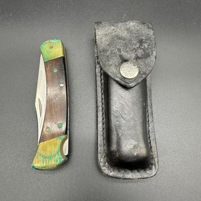 Buck 110 Folding Hunter Knife – USA Made – Wood & Brass – With Leather Sheath