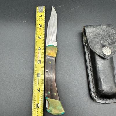 Buck 110 Folding Hunter Knife – USA Made – Wood & Brass – With Leather Sheath