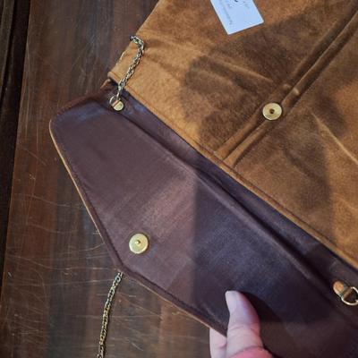 vintage tan seude leather envelope clutch with gold tone chain and clasp