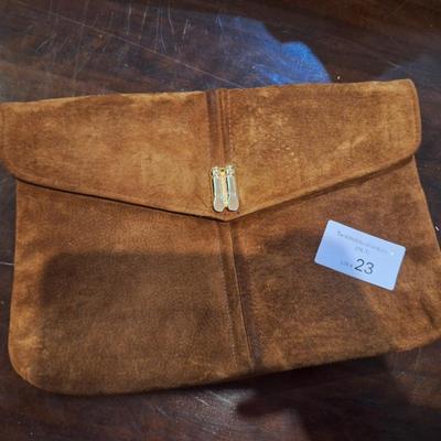 vintage tan seude leather envelope clutch with gold tone chain and clasp