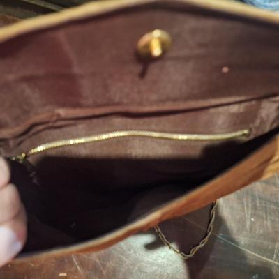 vintage tan seude leather envelope clutch with gold tone chain and clasp