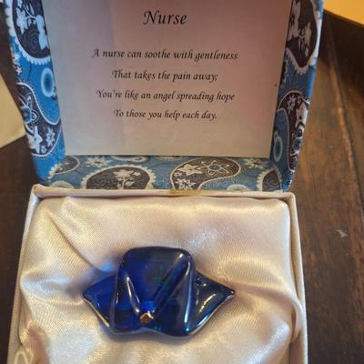 small blue glass keepsake nurses hat and gift box.