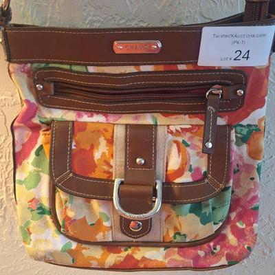 Chaps floral canvase crossbody bag with faux leather trim.