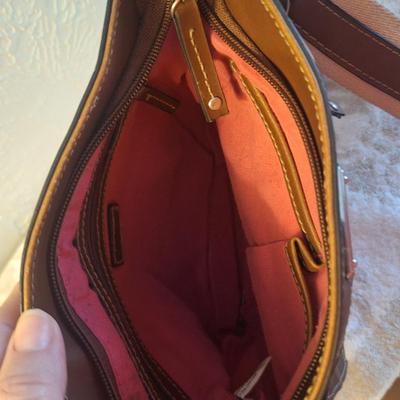 Chaps floral canvase crossbody bag with faux leather trim.