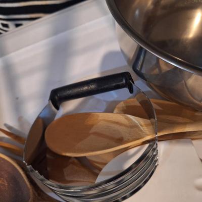 Jar opener, utensils, pastry blender and mixing bowl