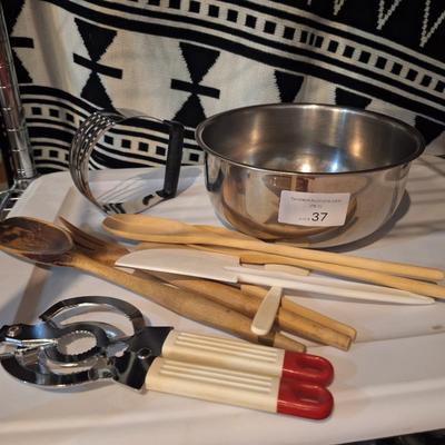 Jar opener, utensils, pastry blender and mixing bowl