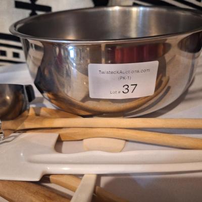 Jar opener, utensils, pastry blender and mixing bowl