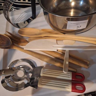 Jar opener, utensils, pastry blender and mixing bowl