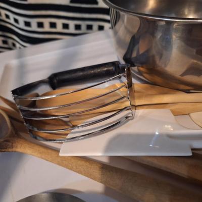 Jar opener, utensils, pastry blender and mixing bowl