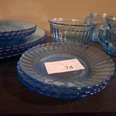 Vintage  Fortecrisa Azure or Ice Blue ribbed glass dinnerware made in Mexico. 4 plates, 3 salad plates, saucers and cups 1 bowl. AND...