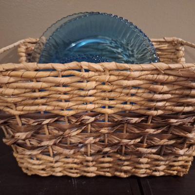 Vintage  Fortecrisa Azure or Ice Blue ribbed glass dinnerware made in Mexico. 4 plates, 3 salad plates, saucers and cups 1 bowl. AND...