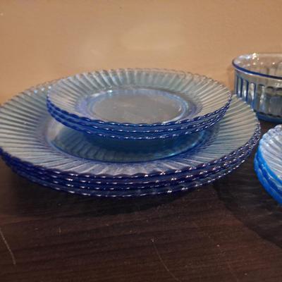 Vintage  Fortecrisa Azure or Ice Blue ribbed glass dinnerware made in Mexico. 4 plates, 3 salad plates, saucers and cups 1 bowl. AND...