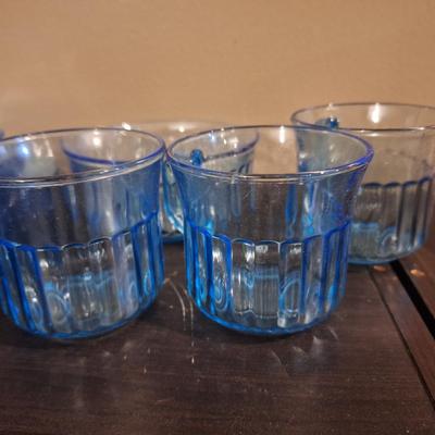 Vintage  Fortecrisa Azure or Ice Blue ribbed glass dinnerware made in Mexico. 4 plates, 3 salad plates, saucers and cups 1 bowl. AND...