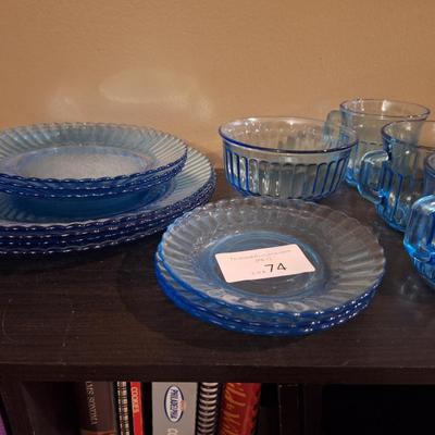 Vintage  Fortecrisa Azure or Ice Blue ribbed glass dinnerware made in Mexico. 4 plates, 3 salad plates, saucers and cups 1 bowl. AND...