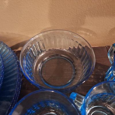 Vintage  Fortecrisa Azure or Ice Blue ribbed glass dinnerware made in Mexico. 4 plates, 3 salad plates, saucers and cups 1 bowl. AND...