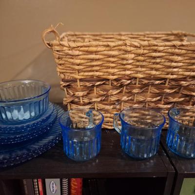 Vintage  Fortecrisa Azure or Ice Blue ribbed glass dinnerware made in Mexico. 4 plates, 3 salad plates, saucers and cups 1 bowl. AND...