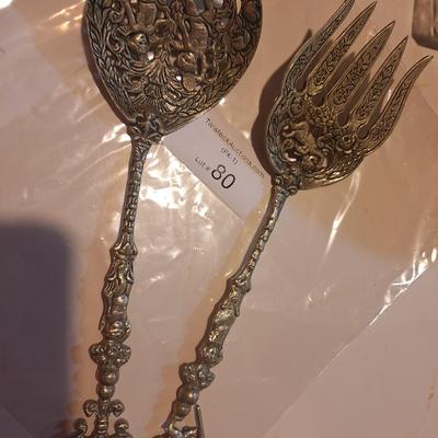 vintage set of ornate, silver-plated serving utensils  see all photos these have a brass color that is noticable in last photos.