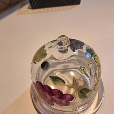 hand painted clar glass covered cheese dish- grape pattern
