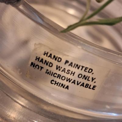 hand painted clar glass covered cheese dish- grape pattern