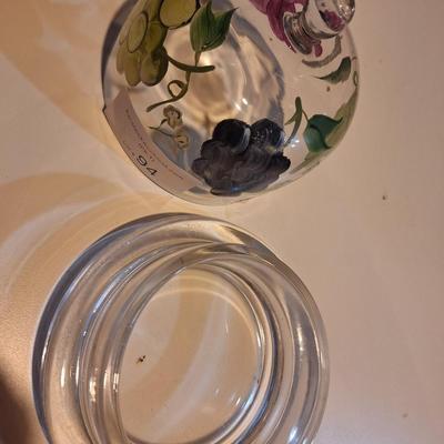 hand painted clar glass covered cheese dish- grape pattern