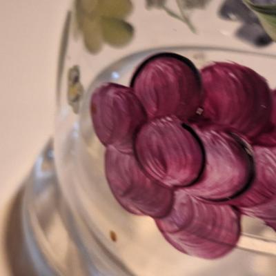 hand painted clar glass covered cheese dish- grape pattern