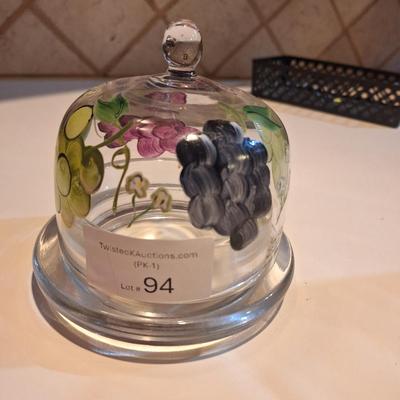 hand painted clar glass covered cheese dish- grape pattern